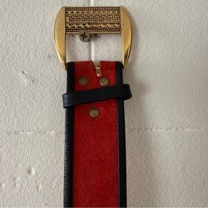 Vintage Red Leather Belt Gold Buckle Black Trim Retro | Size 32